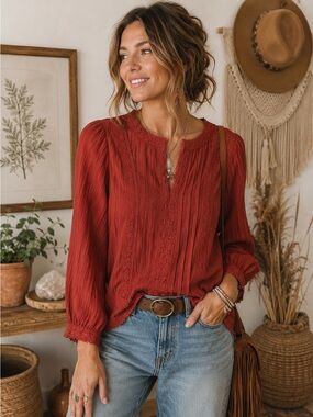 NWT Devoted Rust Boho Lace Blouse | Size XS